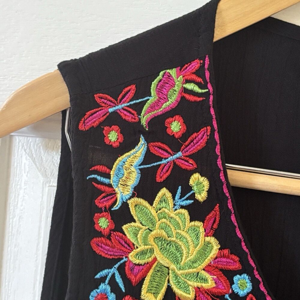 Embroidered Mexican Women Midi Dress Colorful Sleeveless Black L Bohemian Floral - Picture 7 of 10